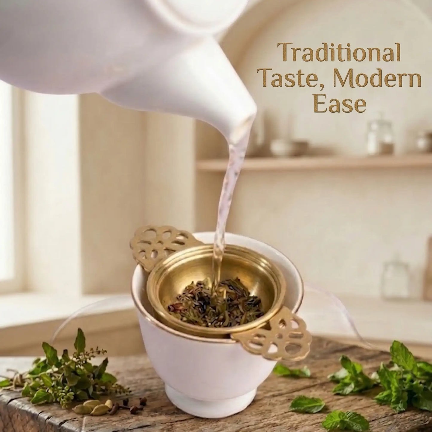 Brass Tea Strainer with Drip Bowl for Masala Chai & Herbal Tea