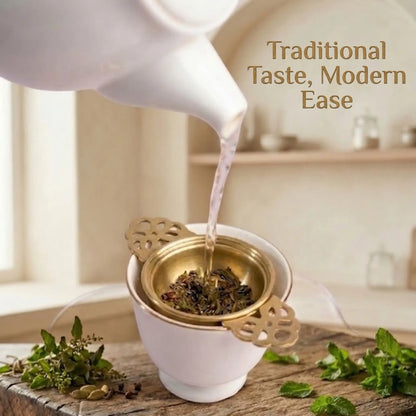 Brass Tea Strainer with Drip Bowl for Masala Chai & Herbal Tea