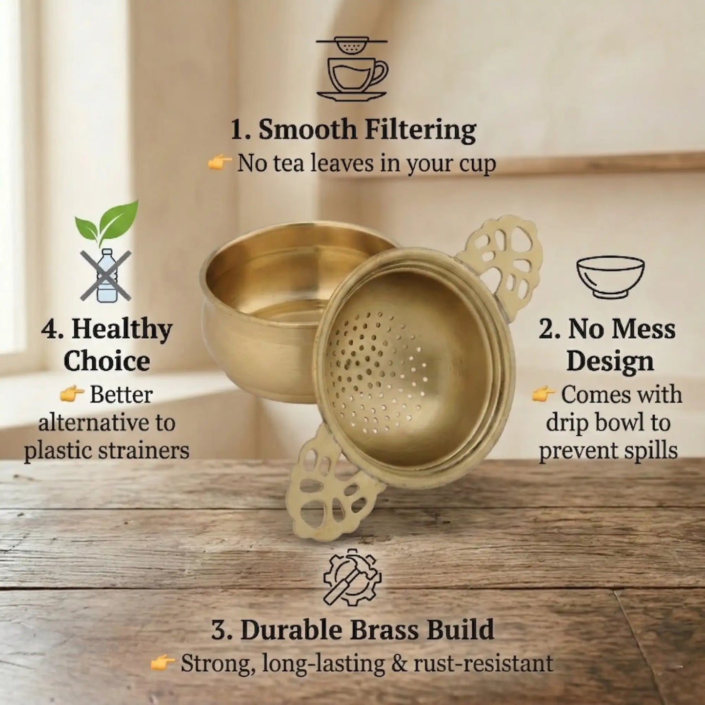 Brass Tea Strainer with Drip Bowl for Masala Chai & Herbal Tea