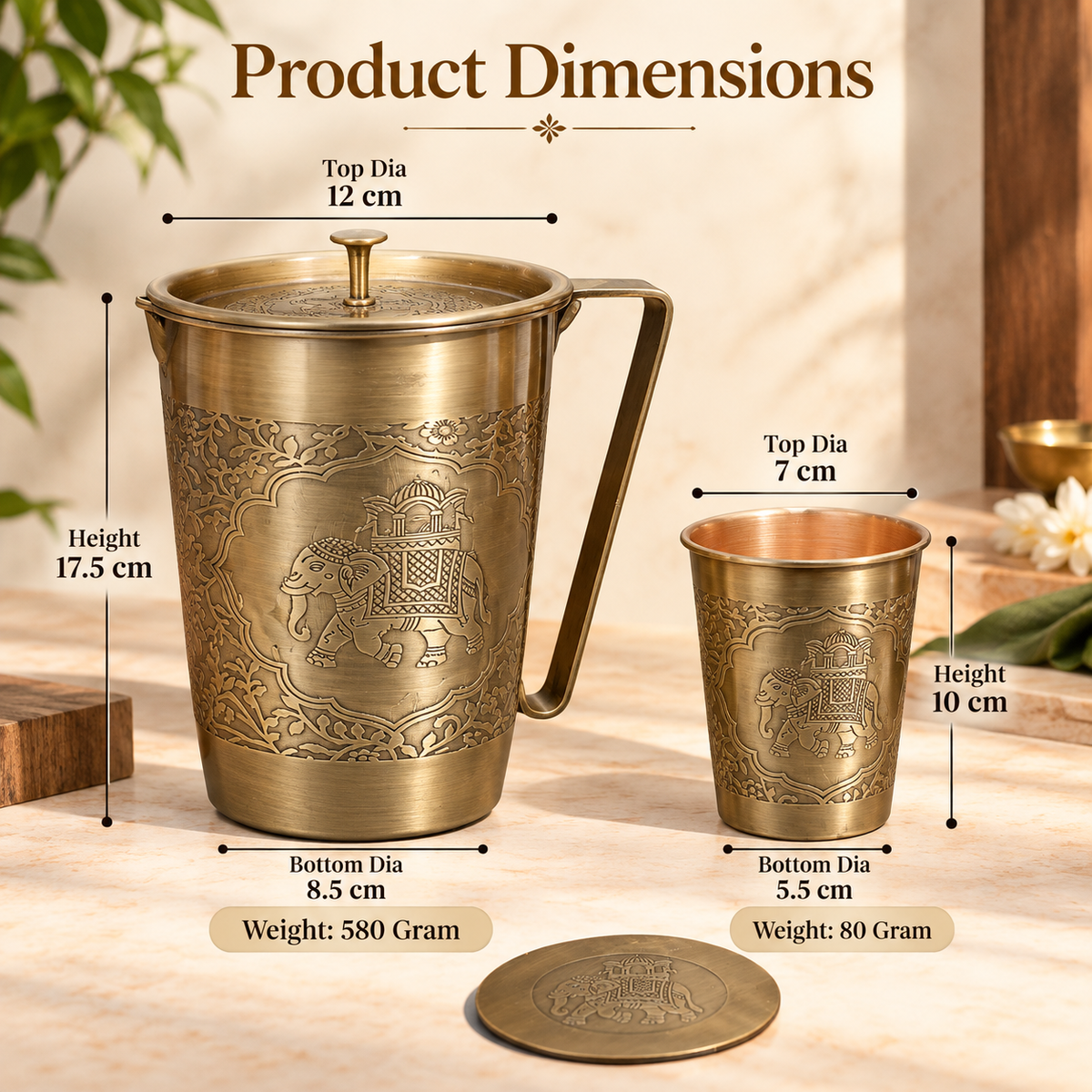 Rajwada Copper Jug Set of 5 with Stainless Steel Serving Tray | La Coppera