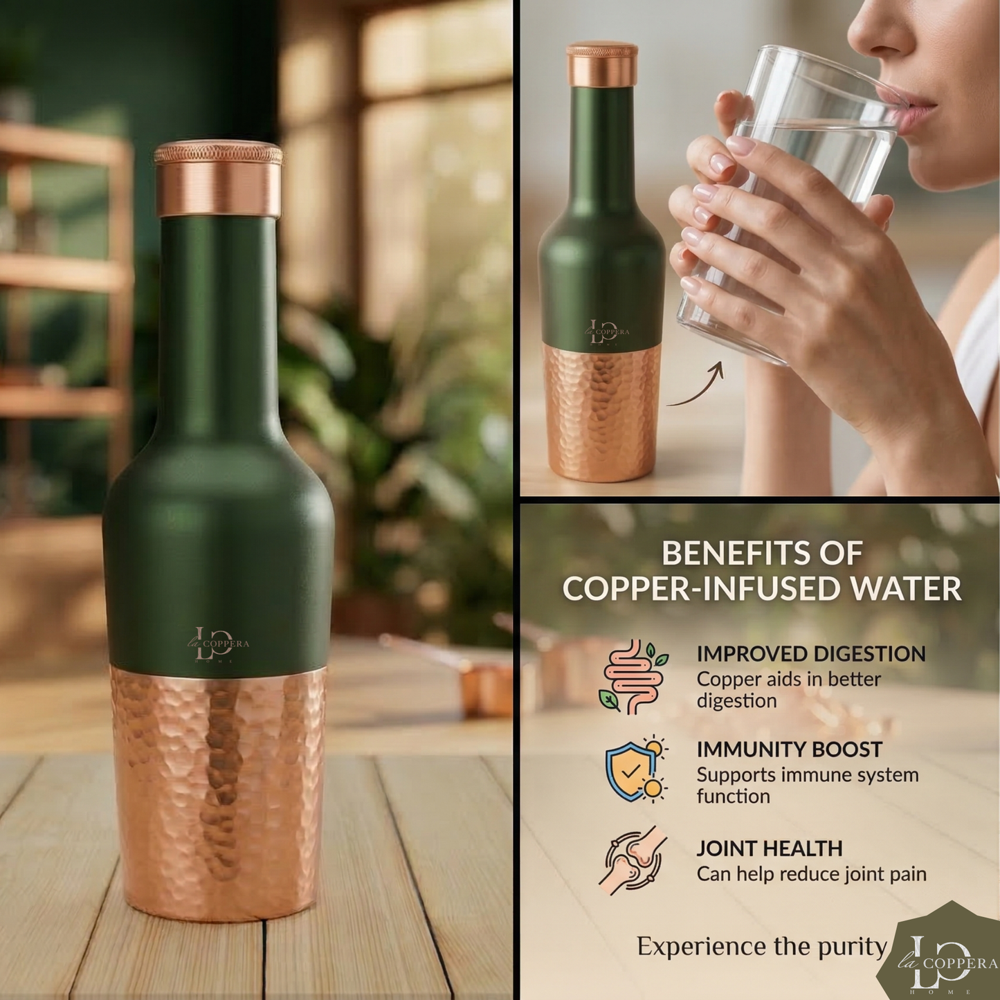 Madira Bottle Green – Pure Copper Water Bottle | Matte Green Designer Bottle