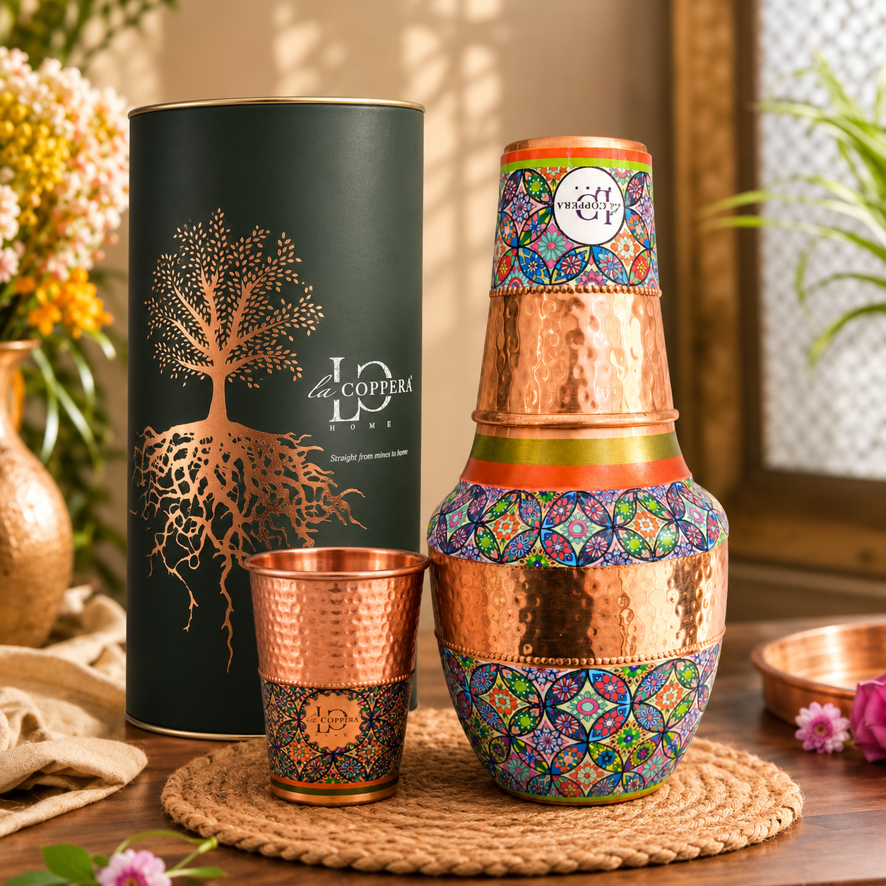 Vintage Carafe Carnival Bloom with Copper Glass | 1 Litre Bedside Water Set | La Coppera