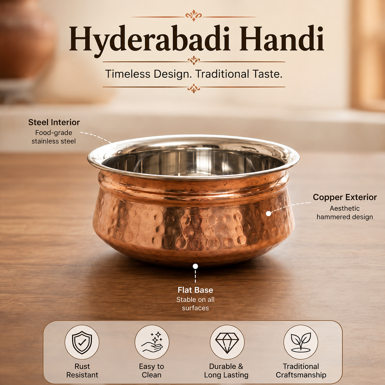 Hyderabadi Copper Handi with Stainless Steel Interior | LA COPPERA