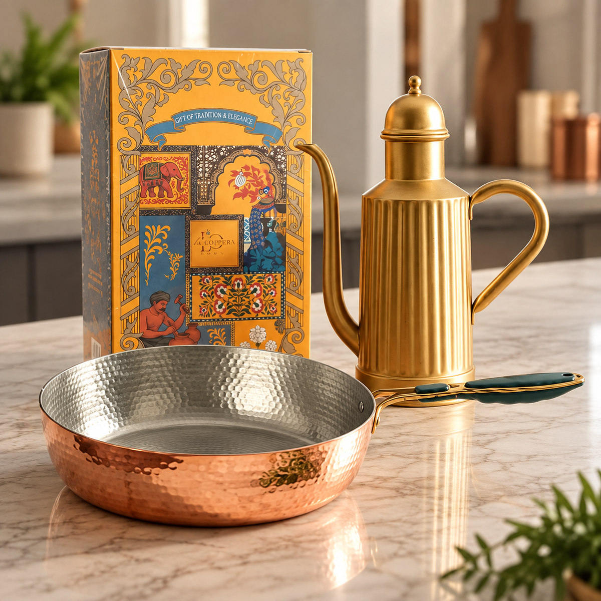 LA COPPERA Copper Fry Pan & Olea Can Combo | Handcrafted Copper Cookware & Oil Can Set