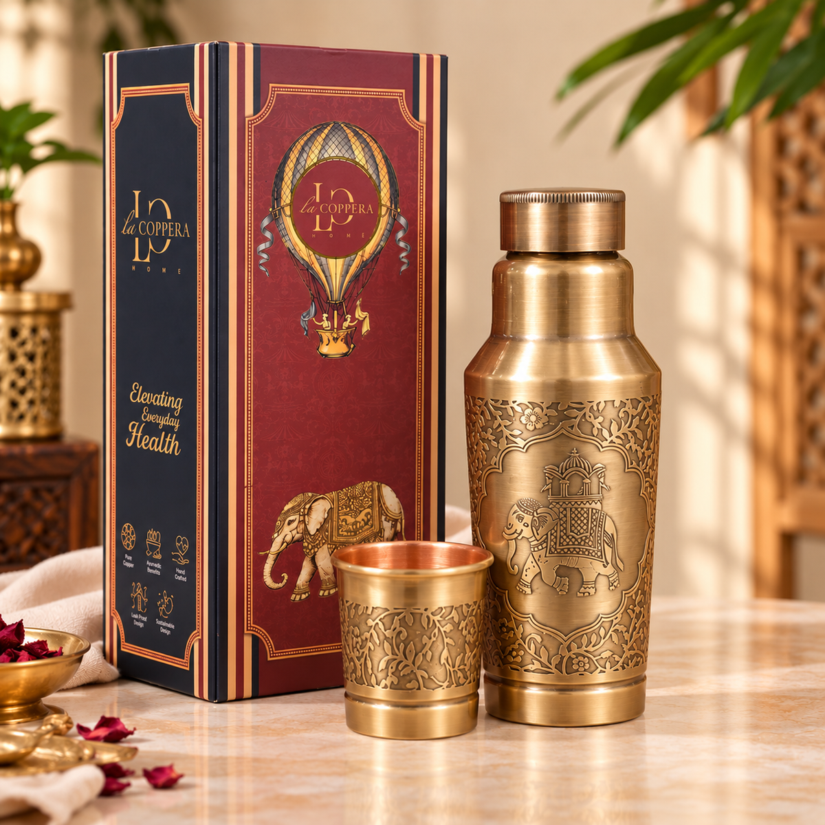 Luna Carafe Small – Sepia Gold | Pure Copper Handcrafted Carafe with Glass