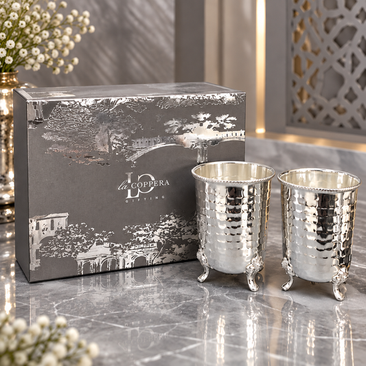 Crown Glass Set – Silver Plated Stainless Steel Glasses with Decorative Brass Legs | Set of 2