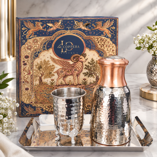 Aurbell Nick Set – Pure Copper Carafe with Nickel Plated Stainless Steel Tray & Glass