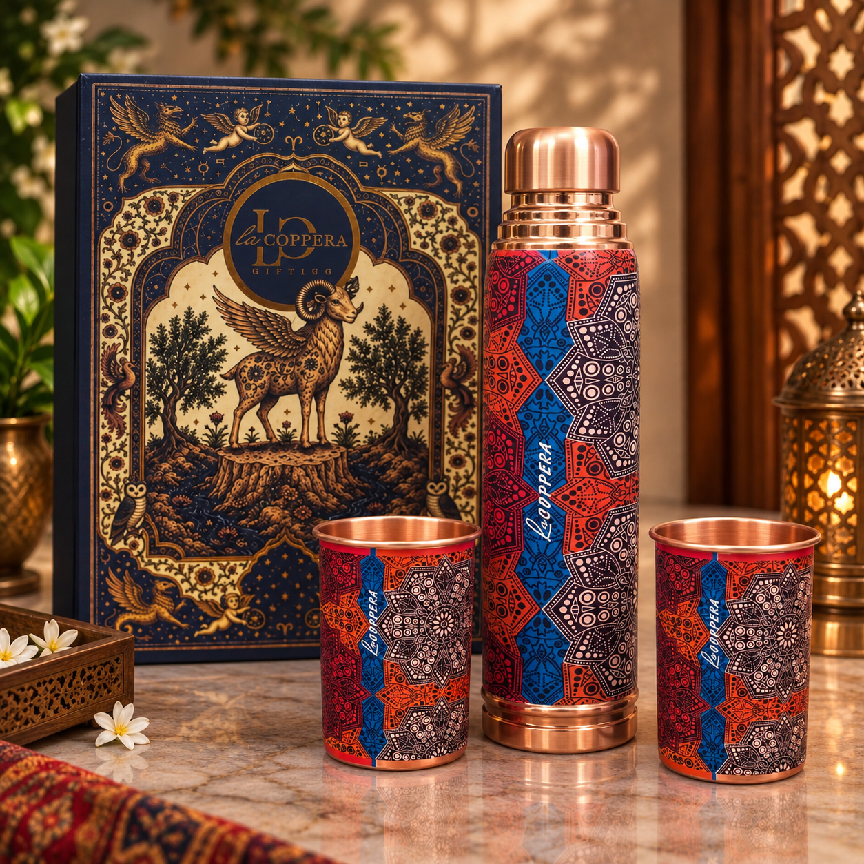 Mandala Copper Bottle Gift Set – 1000ml with 2 Copper Glasses | La Coppera