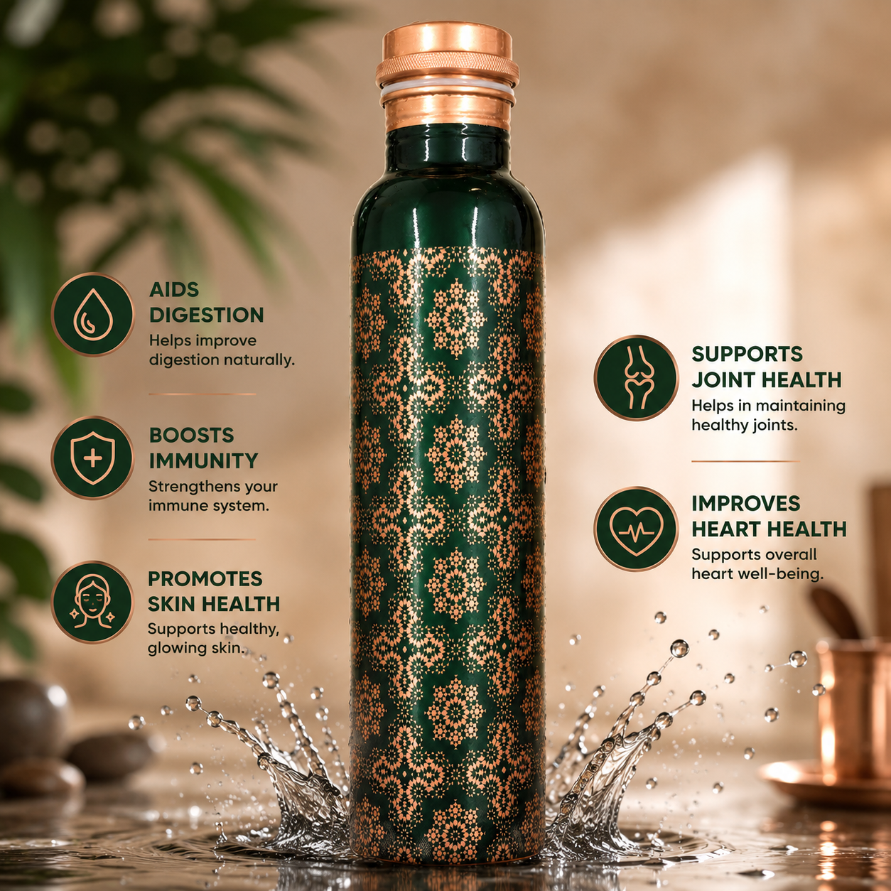 Mist Imperial Green Pure Copper Water Bottle 900ml | Premium UV Printed Designer Copper Bottle