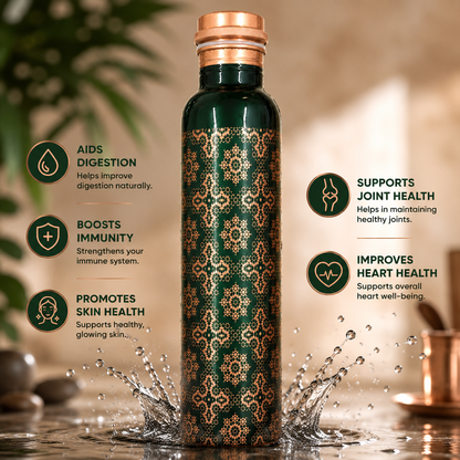 Mist Imperial Green Pure Copper Water Bottle 900ml | Premium UV Printed Designer Copper Bottle