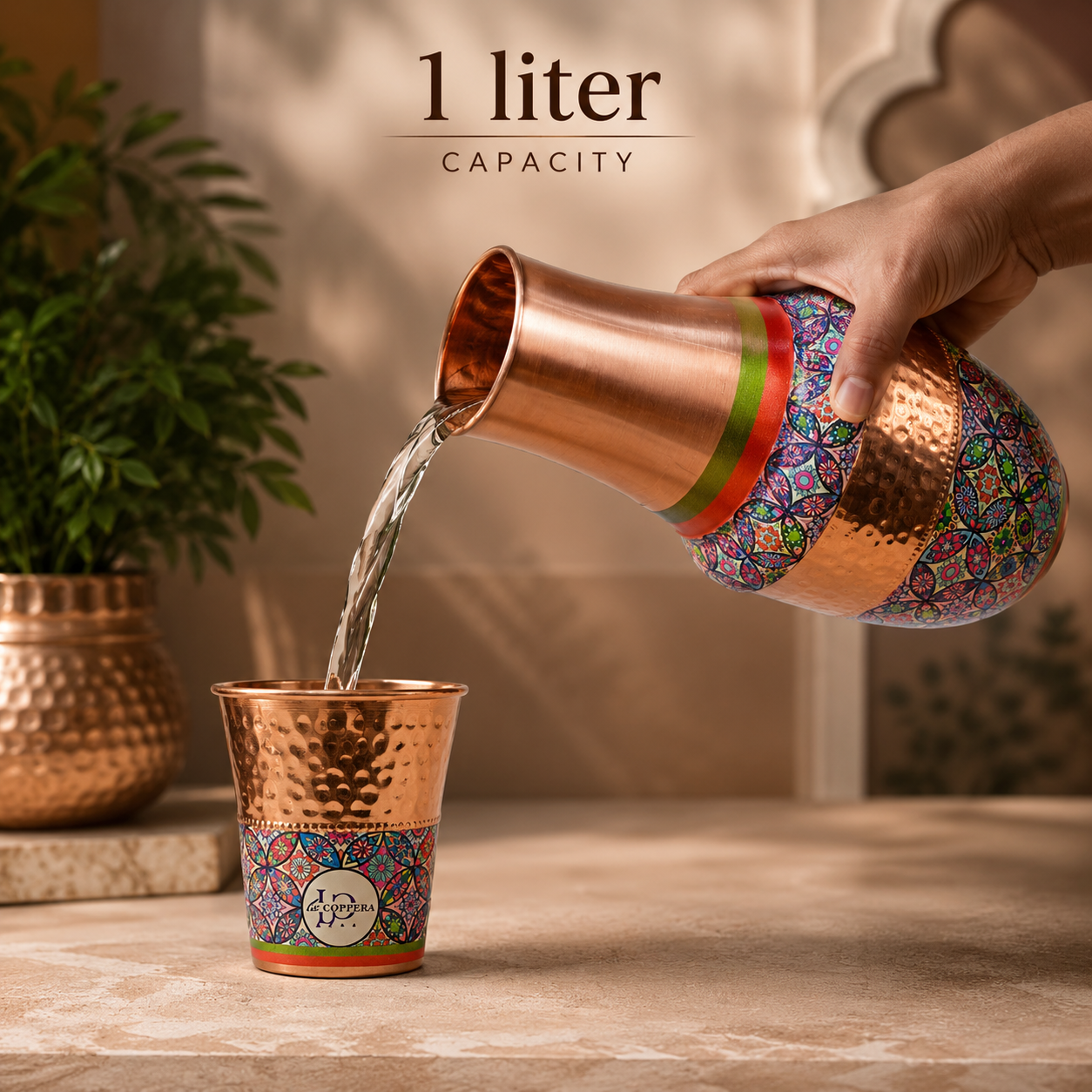 Vintage Carafe Carnival Bloom with Copper Glass | 1 Litre Bedside Water Set | La Coppera