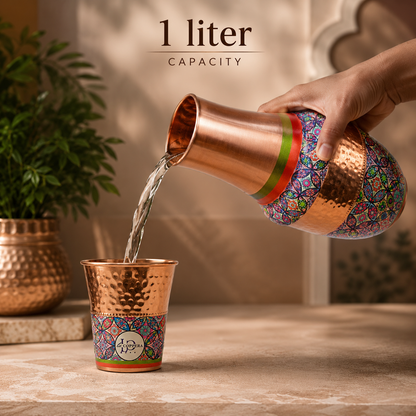 Vintage Carafe Carnival Bloom with Copper Glass | 1 Litre Bedside Water Set | La Coppera