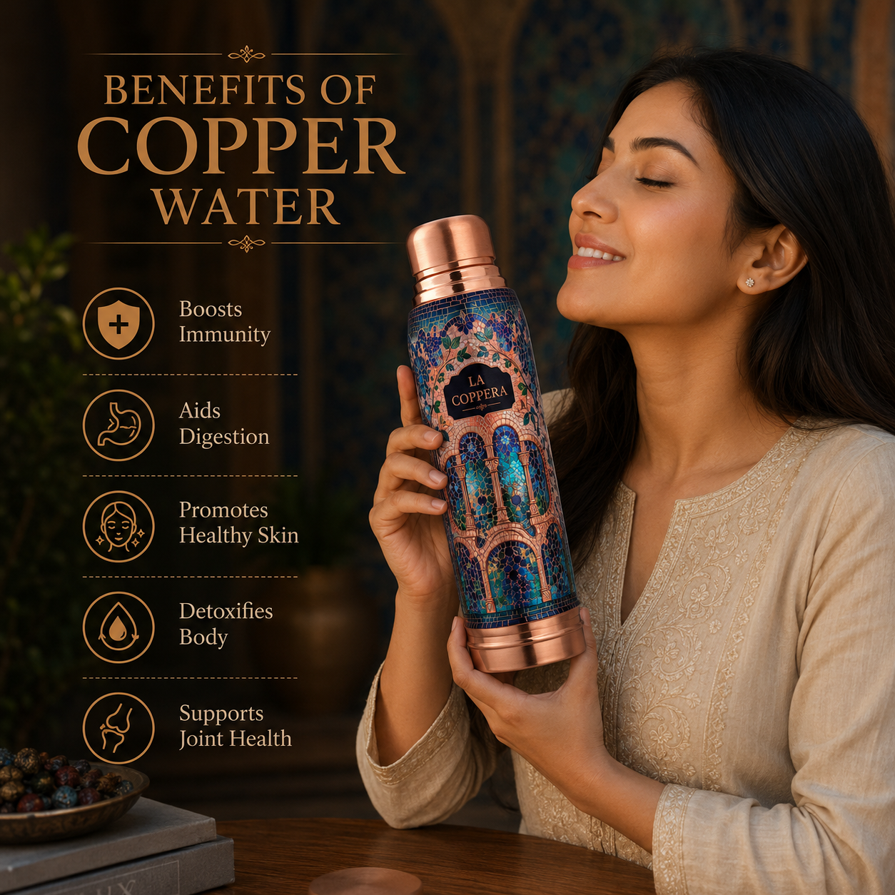 Ayursip Sheesh Mahal 1000ml Pure Copper Water Bottle LA COPPERA