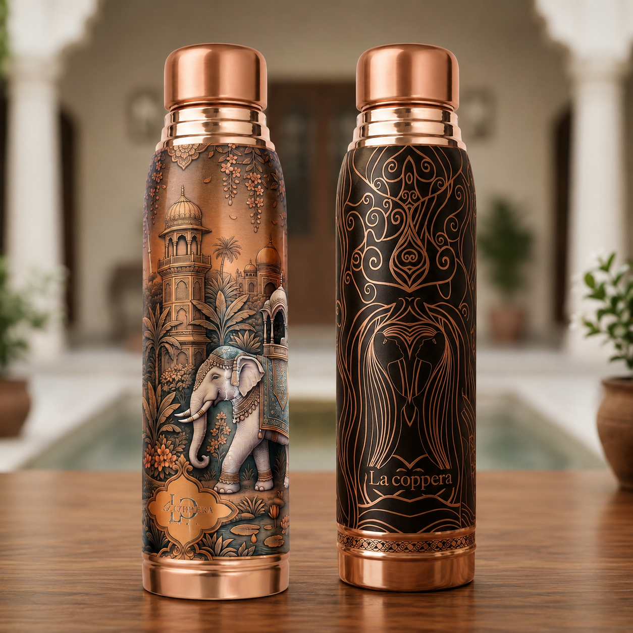 LA COPPERA Copper Water Bottle 1000ml | Premium UV Printed Elephant Heritage, Artistic Lady | Daily Drinking Bottle