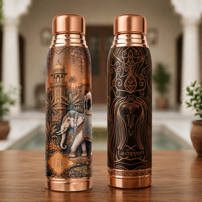 LA COPPERA Copper Water Bottle 1000ml | Premium UV Printed Elephant Heritage, Artistic Lady | Daily Drinking Bottle