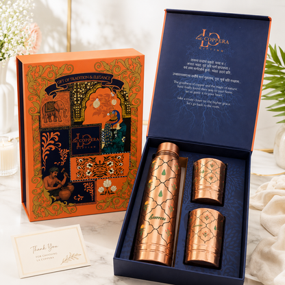 Ayursip Jaali Bagh Copper Water Bottle Set 1000ml with 2 Glasses | Premium Gift Set