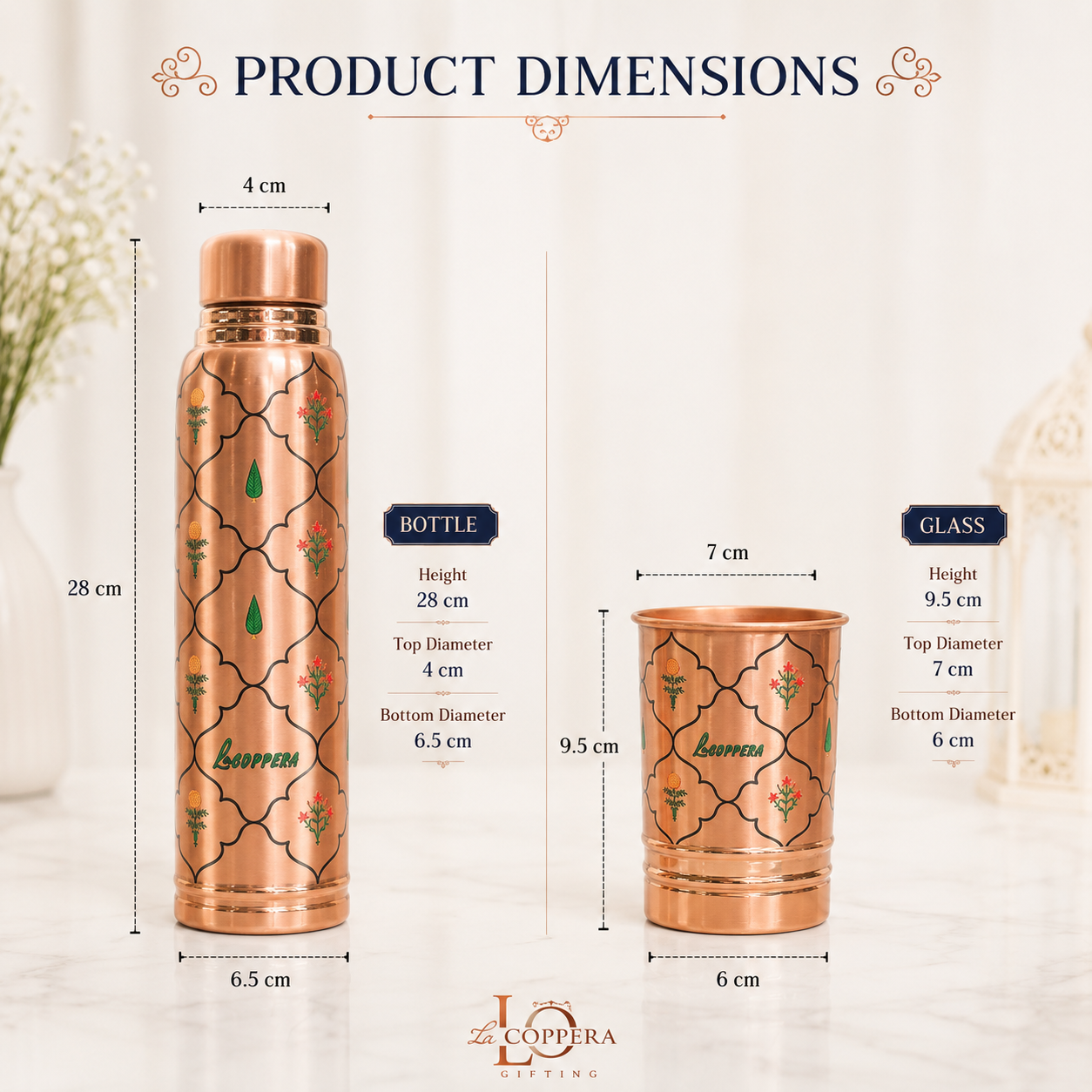 Ayursip Jaali Bagh Copper Water Bottle Set 1000ml with 2 Glasses | Premium Gift Set