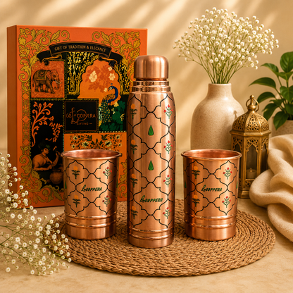 Ayursip Jaali Bagh Copper Water Bottle Set 1000ml with 2 Glasses | Premium Gift Set