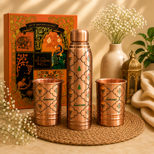 Ayursip Jaali Bagh Copper Water Bottle Set 1000ml with 2 Glasses | Premium Gift Set