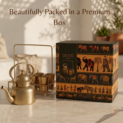 Brass Tapri Tea Set (Set of 5 with Stand) | Cutting Chai Kettle & Glass Set