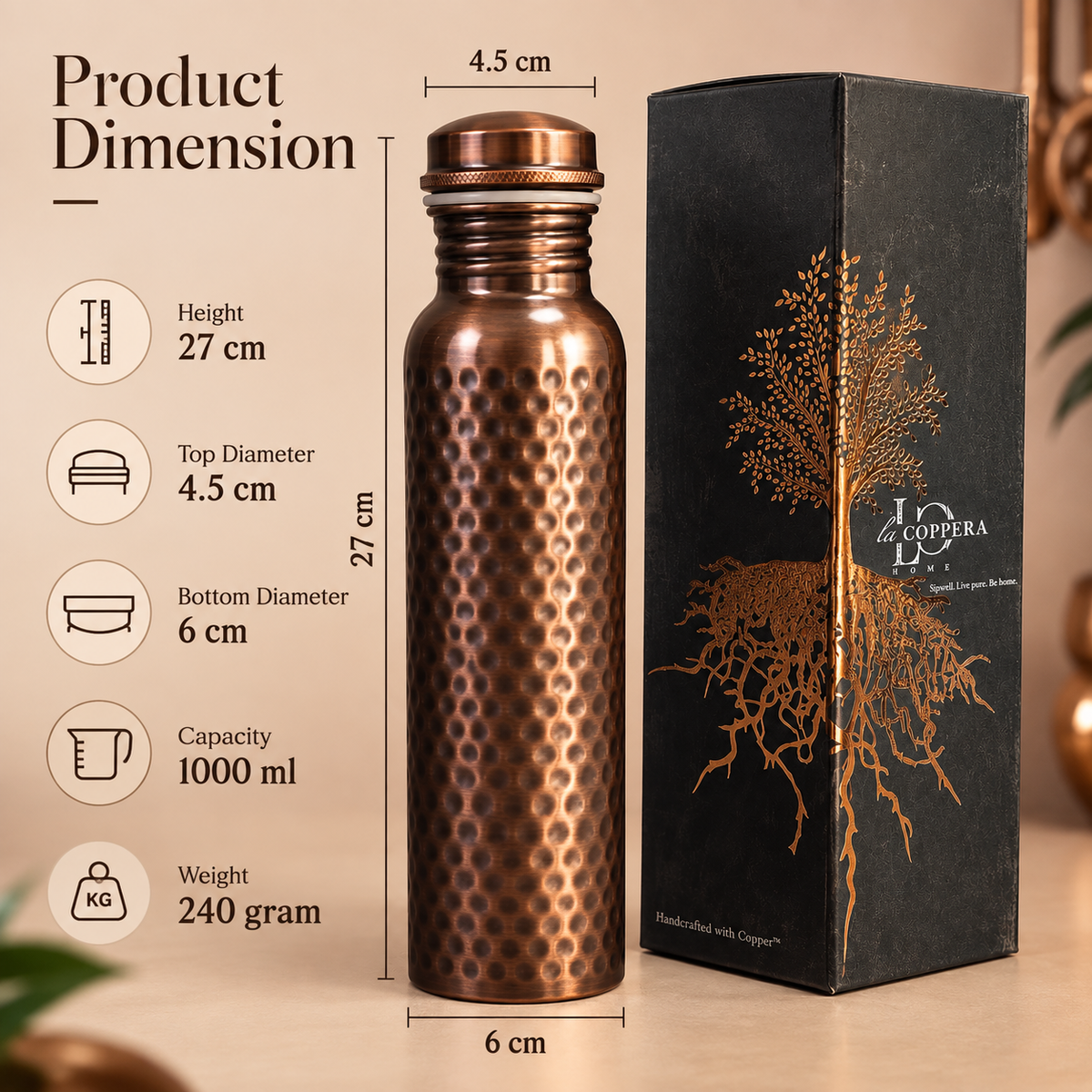 Mist Antique Hammered Copper Water Bottle – 1000ml | Handcrafted Copper Bottle