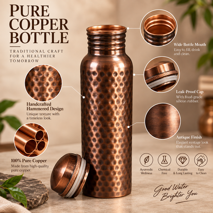 Mist Antique Hammered Copper Water Bottle – 1000ml | Handcrafted Copper Bottle