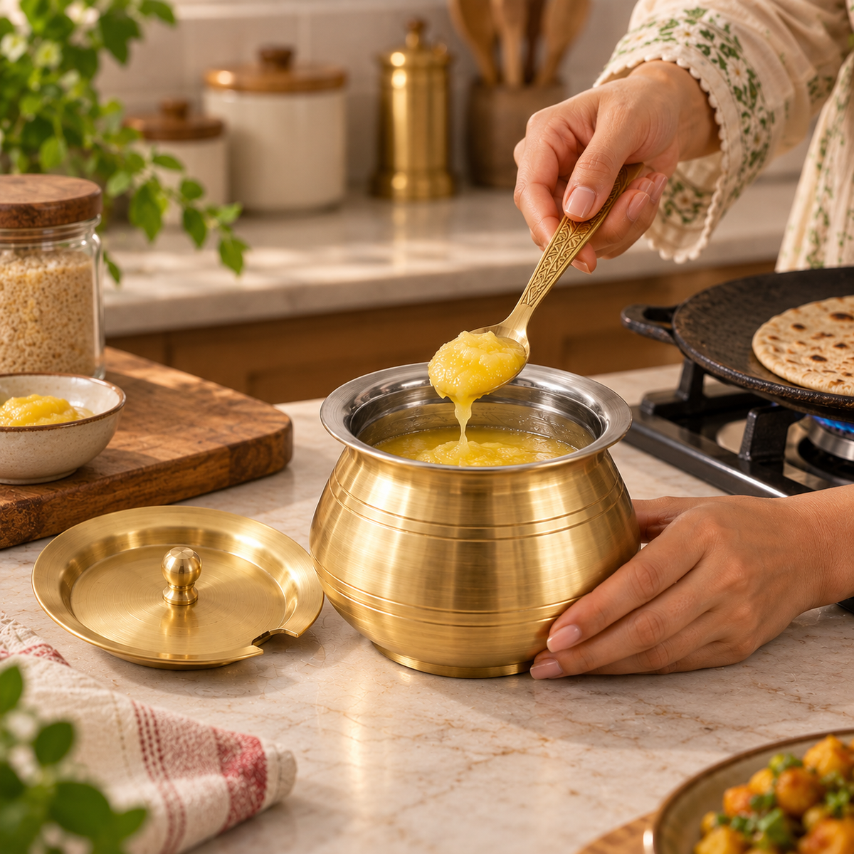 Brass Ghee Pot with Spoon & Lid for Authentic Ghee Storage