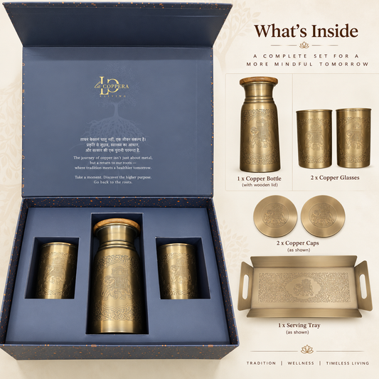 Zora Sepia Gold Copper Bottle & Glasses Set | Handcrafted Heritage Drinkware Set