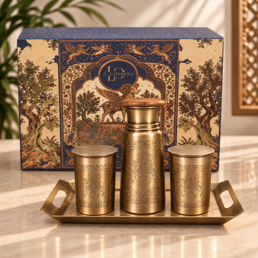 Zora Sepia Gold Copper Bottle & Glasses Set | Handcrafted Heritage Drinkware Set