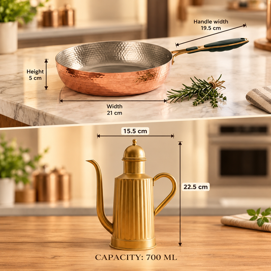 LA COPPERA Copper Fry Pan & Olea Can Combo | Handcrafted Copper Cookware & Oil Can Set