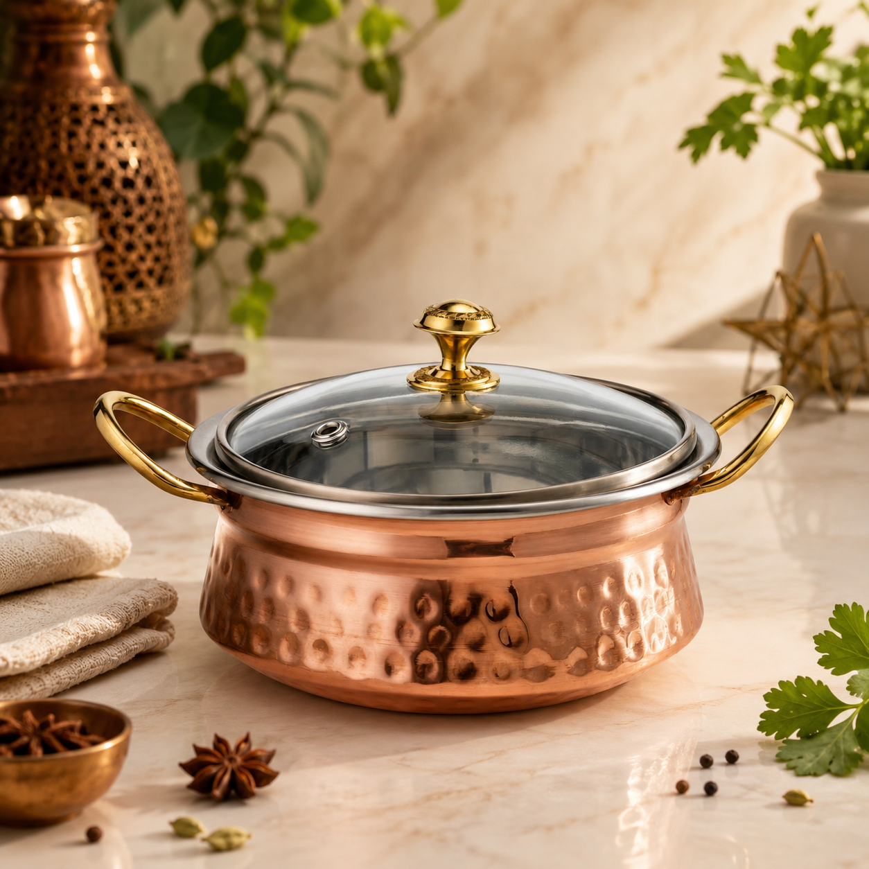 Serving Handi with Glass Lid – Copper Serving Pot with Steel Lid & Brass Knob