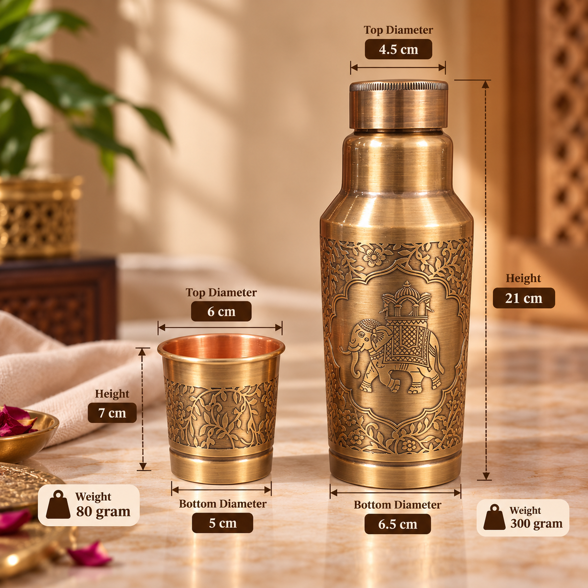 Luna Carafe Small – Sepia Gold | Pure Copper Handcrafted Carafe with Glass