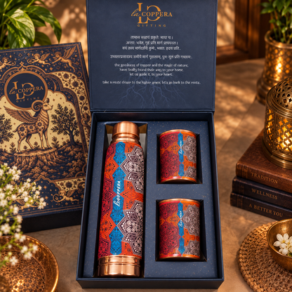 Mandala Copper Bottle Gift Set – 1000ml with 2 Copper Glasses | La Coppera
