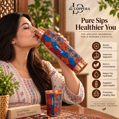 Mandala Copper Bottle Gift Set – 1000ml with 2 Copper Glasses | La Coppera