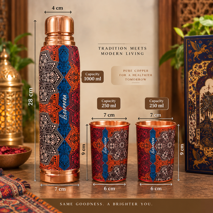 Mandala Copper Bottle Gift Set – 1000ml with 2 Copper Glasses | La Coppera
