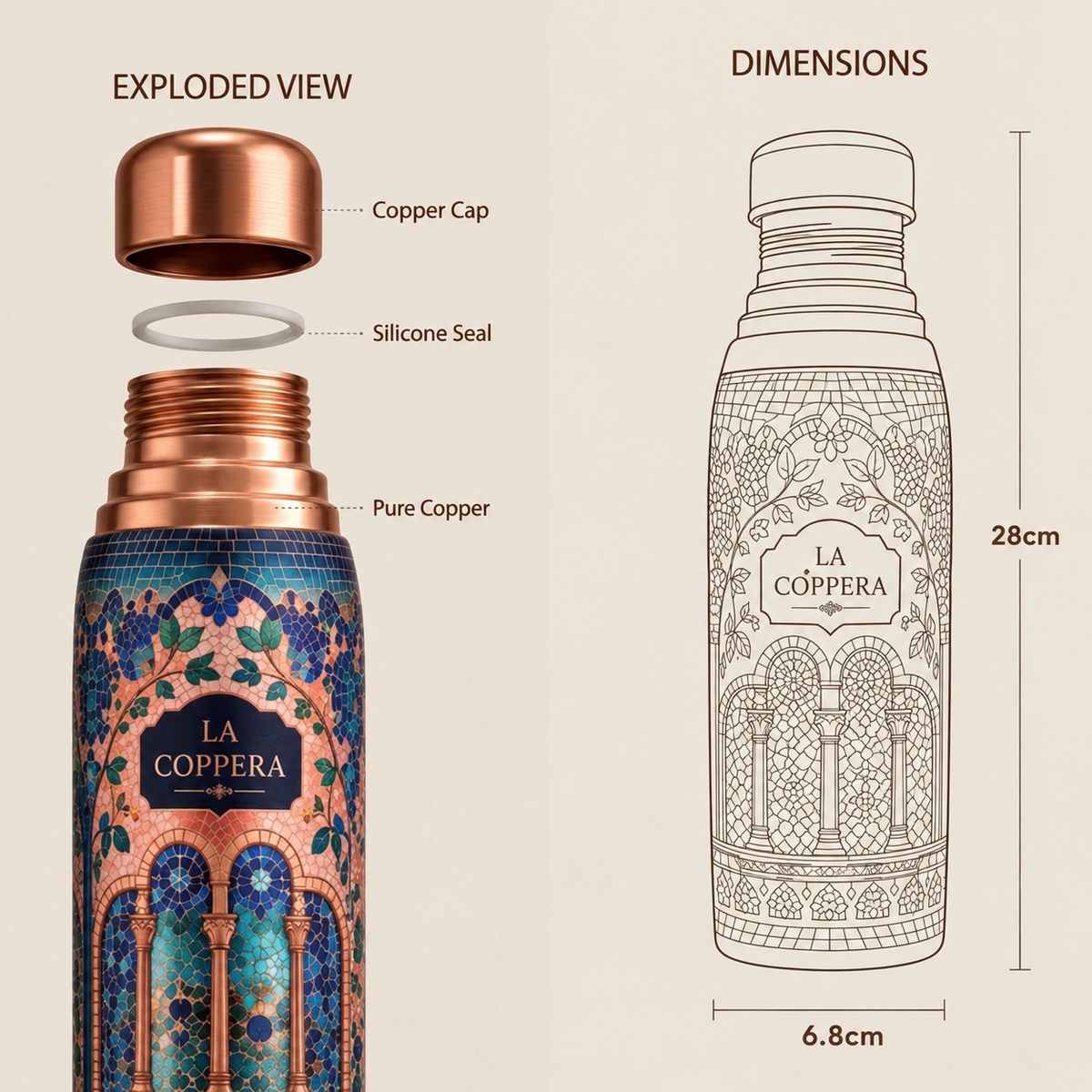 Ayursip Sheesh Mahal 1000ml Pure Copper Water Bottle LA COPPERA