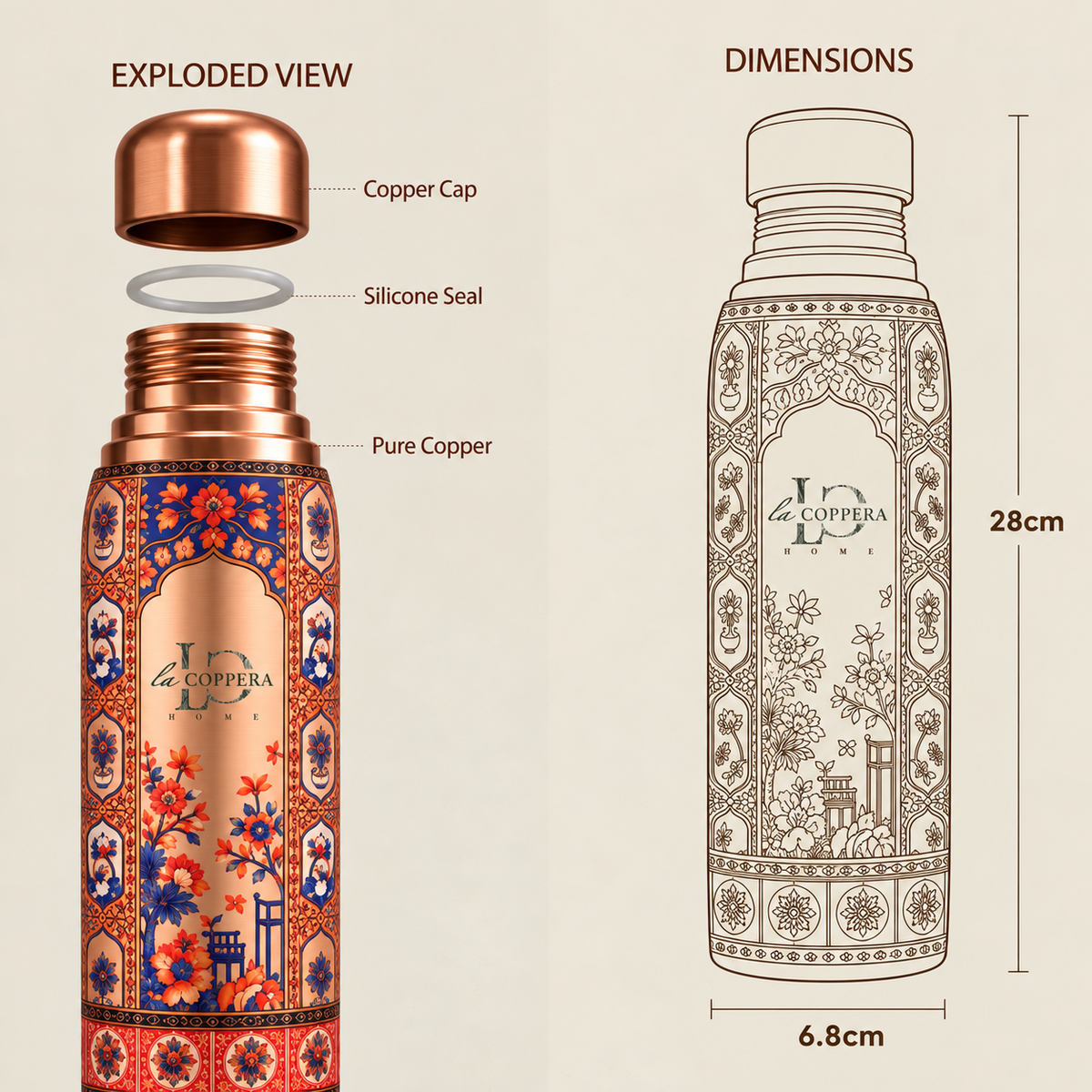 Ayursip Imari Royale Copper Bottle 1000ml | Pure Copper Water Bottle for Healthy Hydration