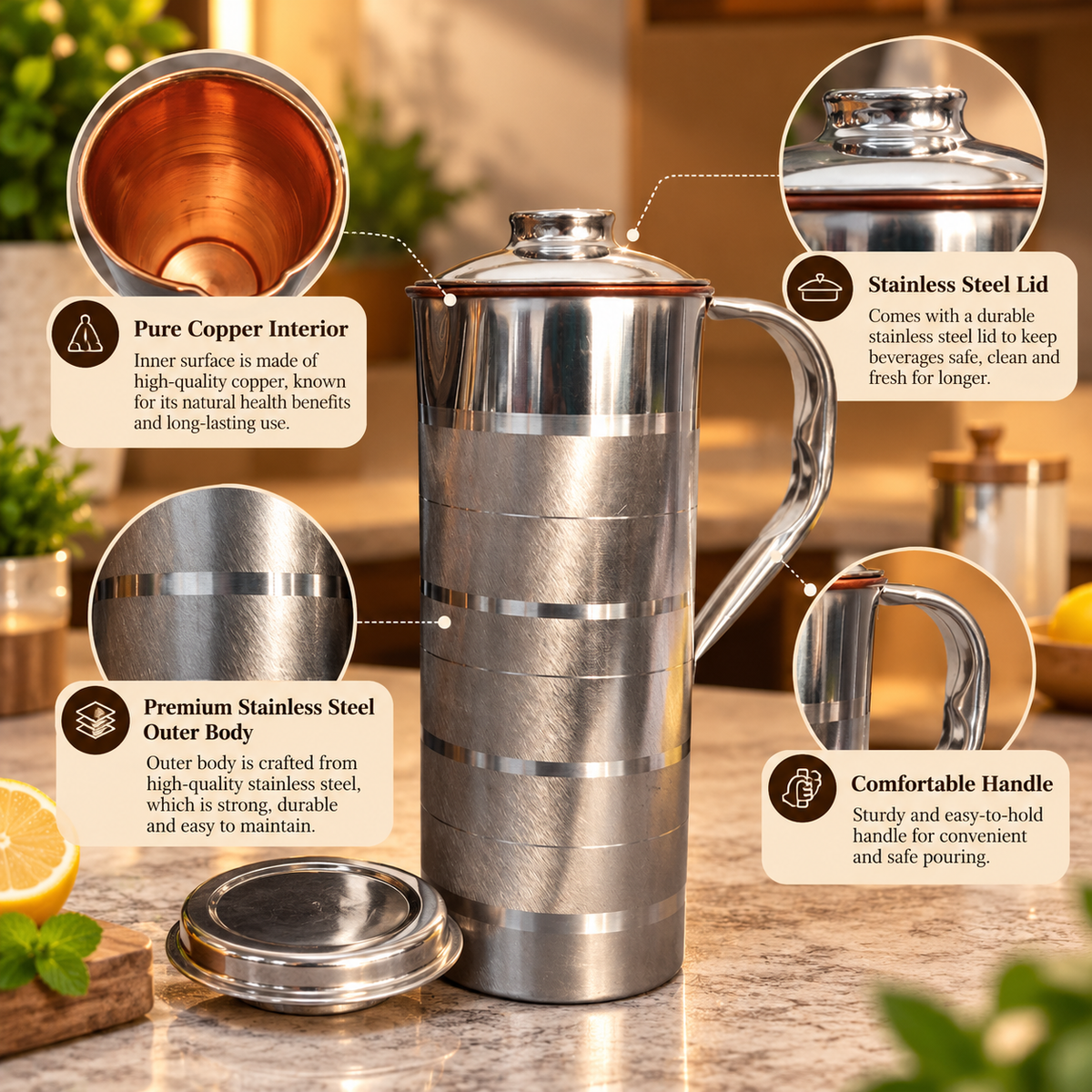 Ayur Jug – Stainless Steel Exterior & Copper Interior, 1000ml | LA COPPERA