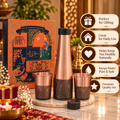 LA COPPERA Choice Wave Rustic Copper Water Bottle with 2 Copper Glasses