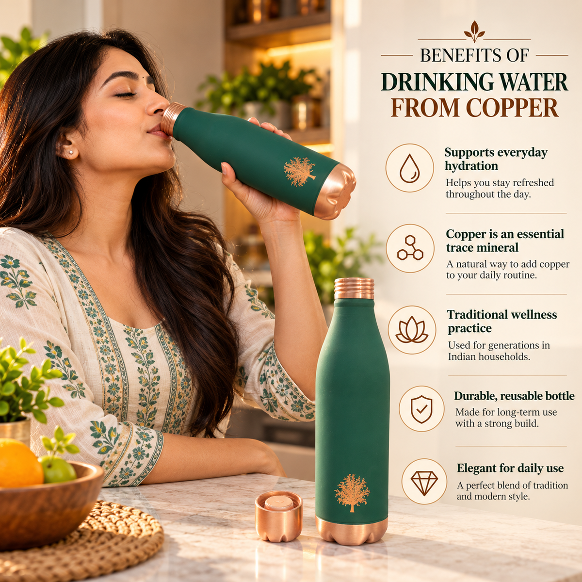 Cosmo Fur Green Copper Water Bottle with Glass | LA COPPERA