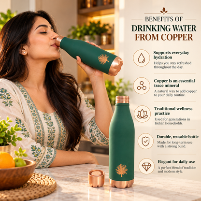Cosmo Fur Green Copper Water Bottle with Glass | LA COPPERA
