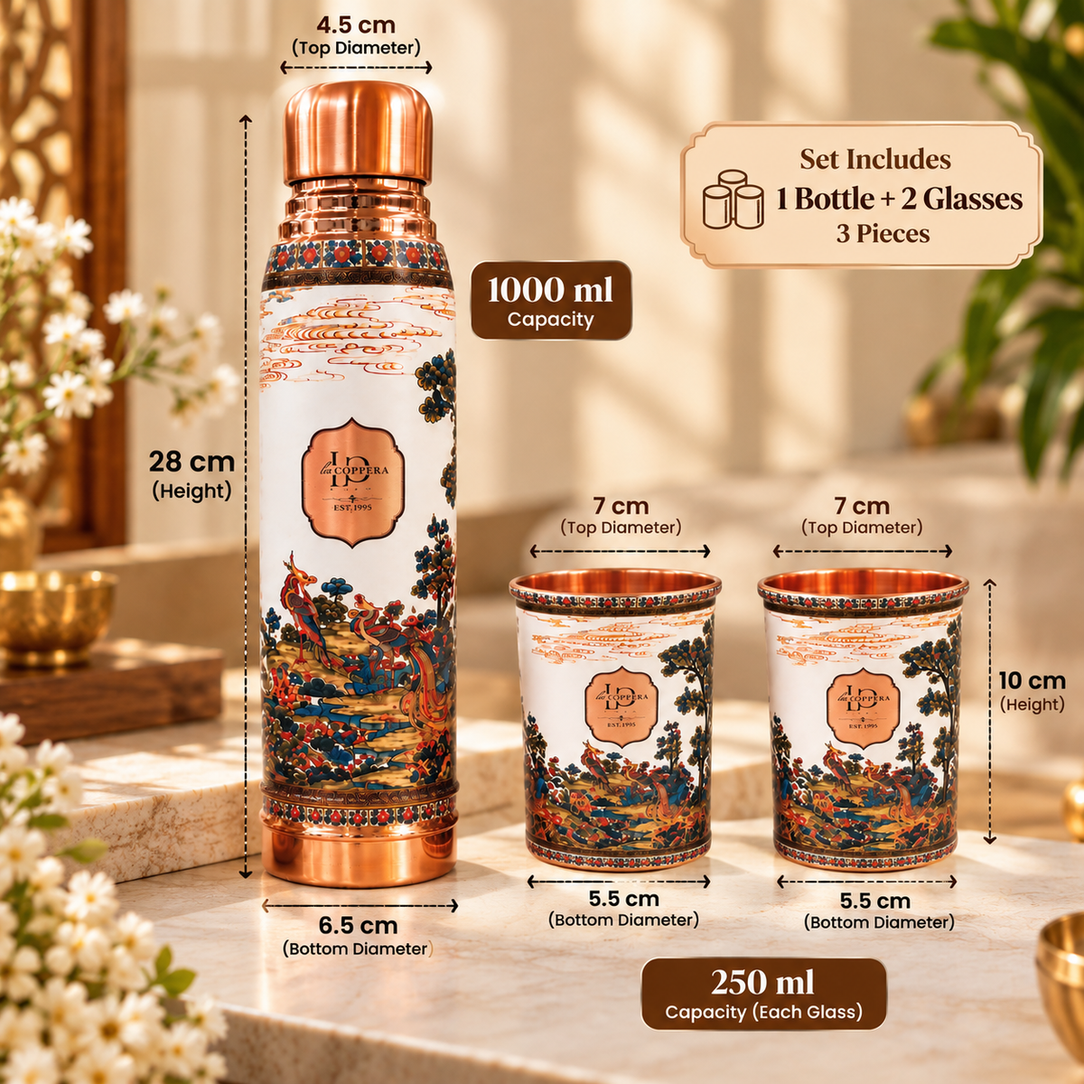 Ayursip Ethereal Valley Copper Bottle & 2 Glass Set