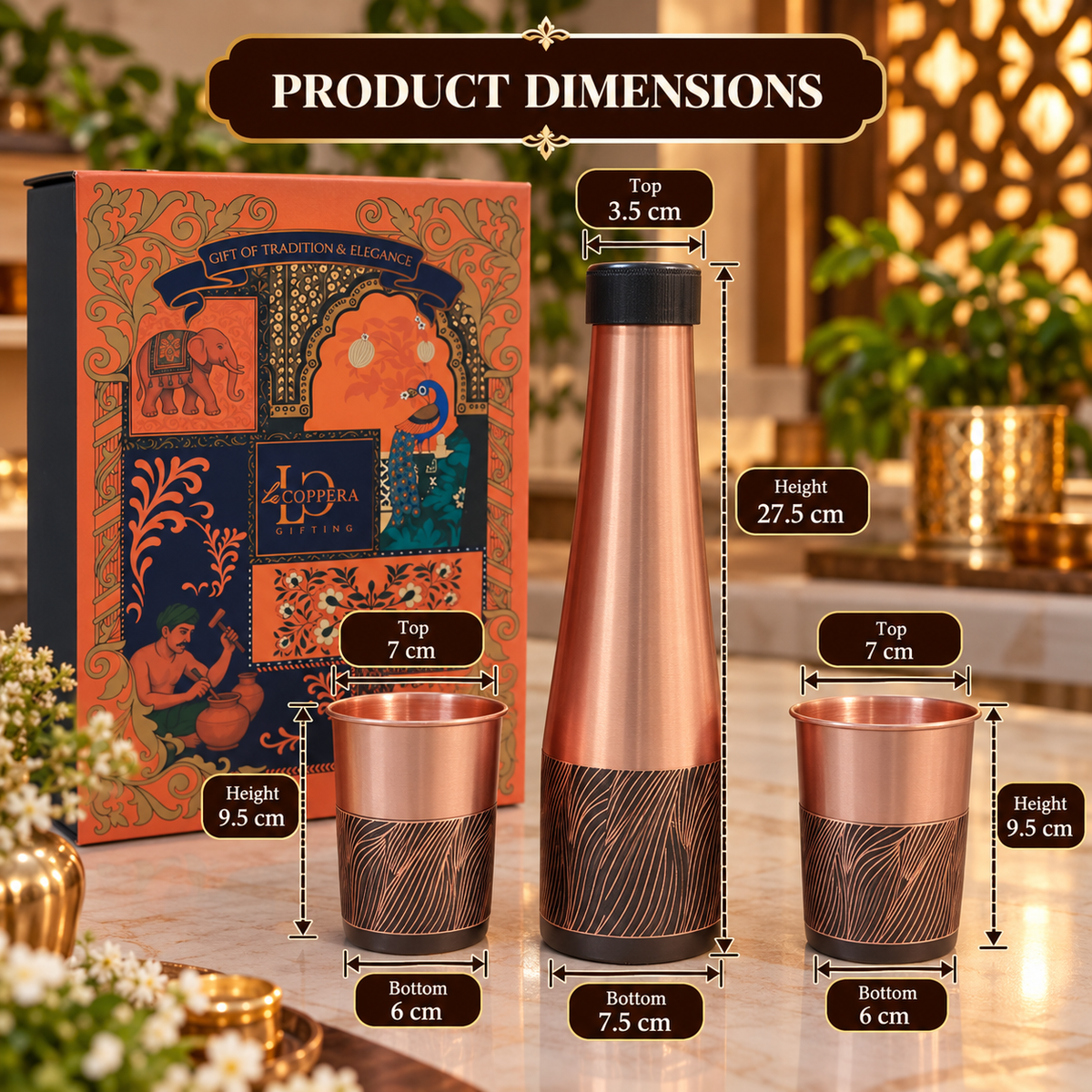 LA COPPERA Choice Wave Rustic Copper Water Bottle with 2 Copper Glasses
