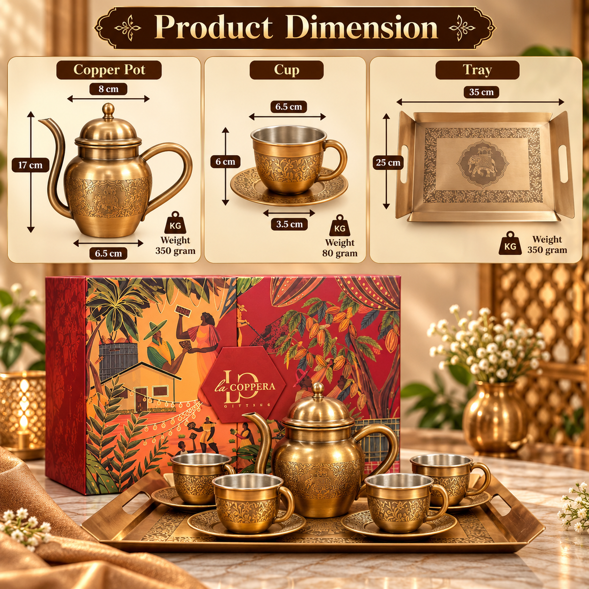 Shahi Sip Tea Set – Pure Brass Tea Set with SS Serving Tray