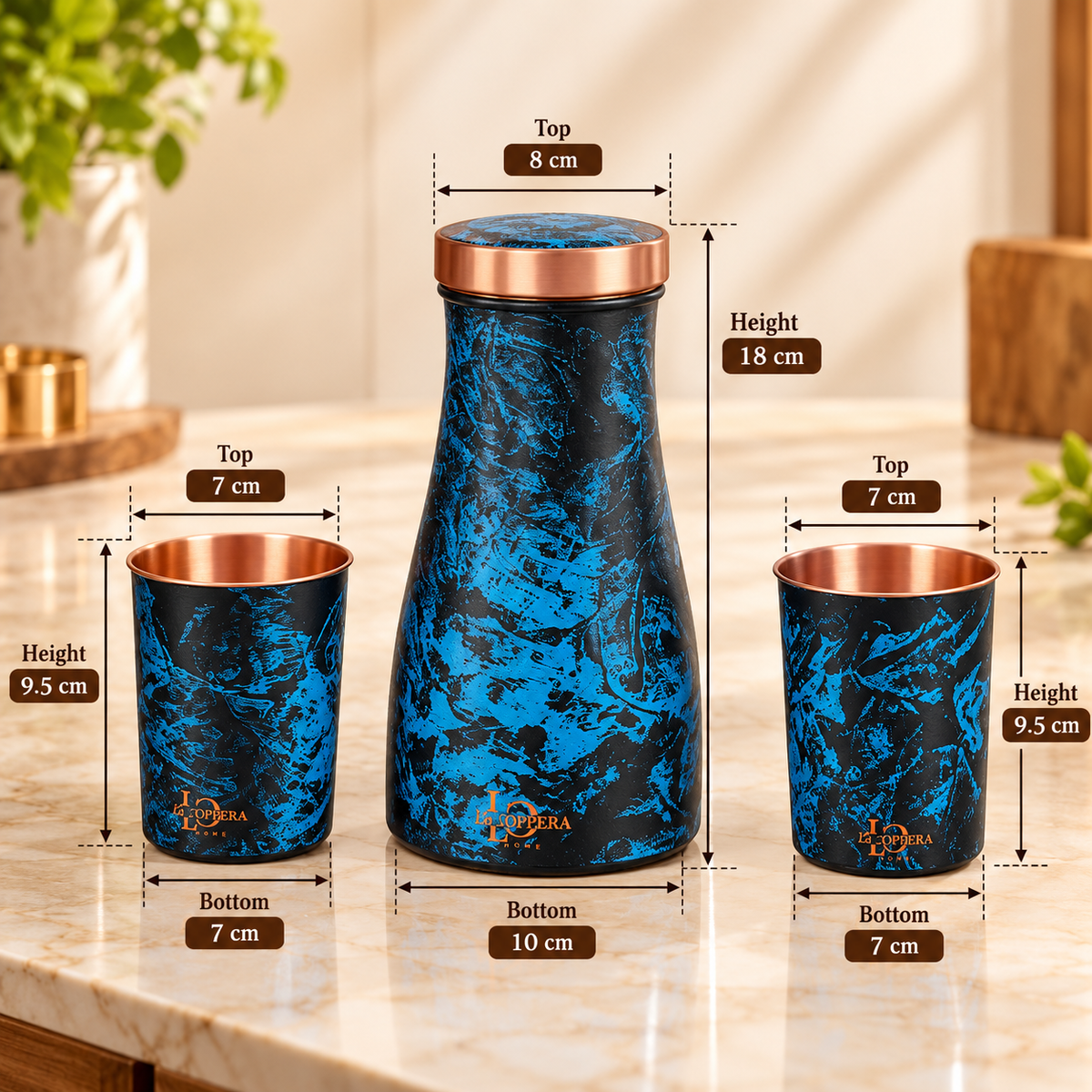 LA COPPERA Bedside Copper Carafe Set with 2 Glasses – Premium Gift Box