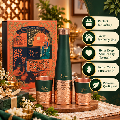 LA COPPERA Choice Bottle Green Copper Water Bottle with 2 Copper Glasses