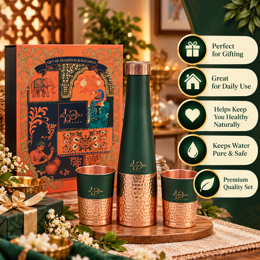 LA COPPERA Choice Bottle Green Copper Water Bottle with 2 Copper Glasses