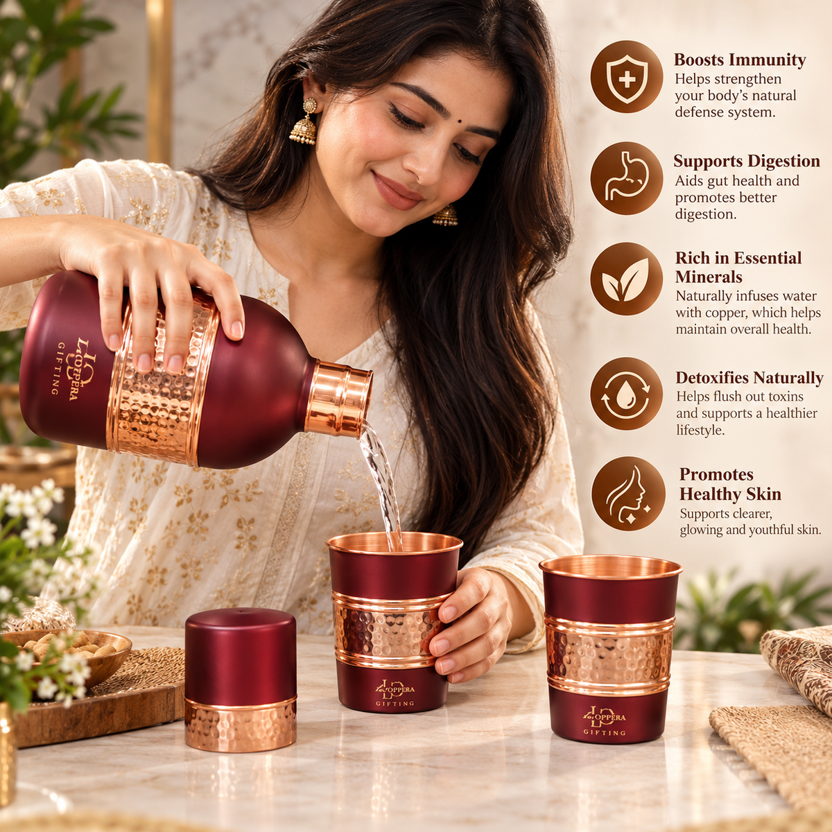 Amritloom Coco Copper Carafe Set with 2 Glasses | Premium Gift Box