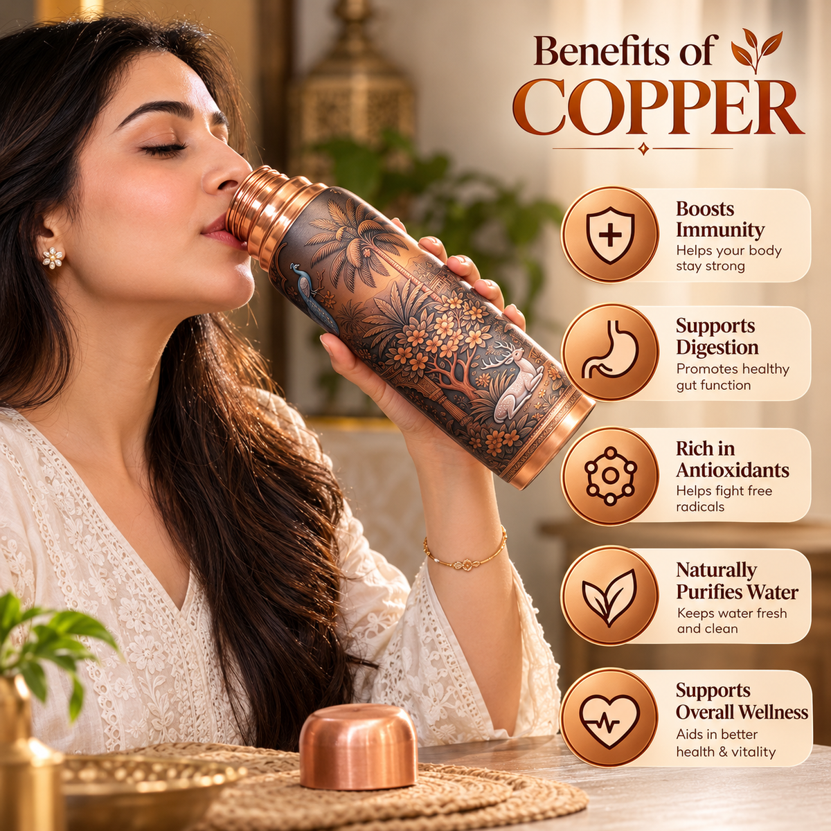 Ayursip Raj Bagh Copper Water Bottle | 1000ml | UV Printed