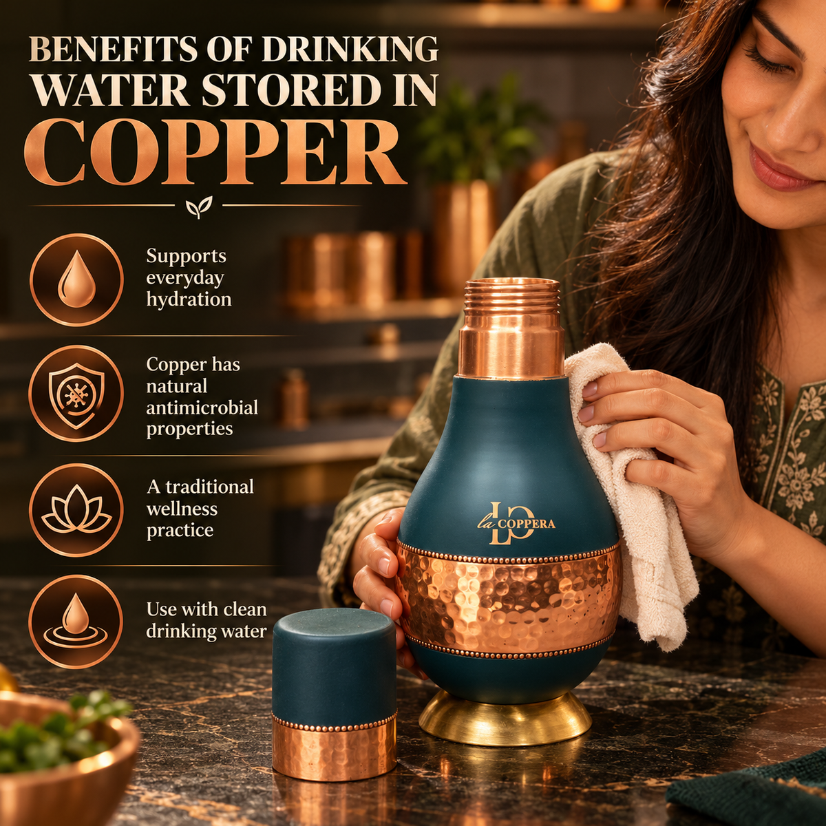 Daffodil Carafe Dust Olive Green Pure Copper | LA COPPERA